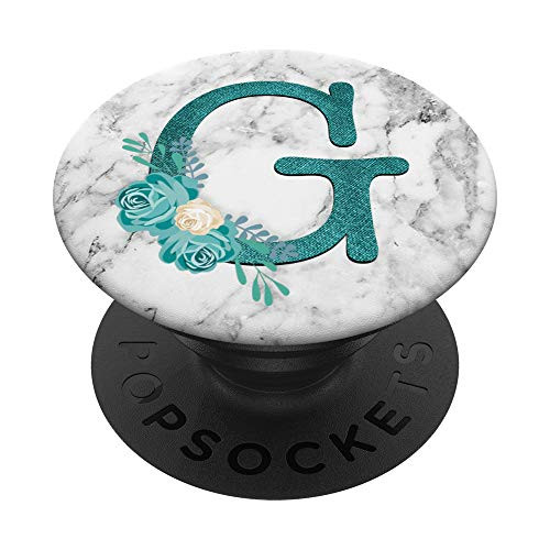 Floral Teal Letter G Monogram On White Gray Marbled Look PopSockets Grip and Stand for Phones and Tablets
