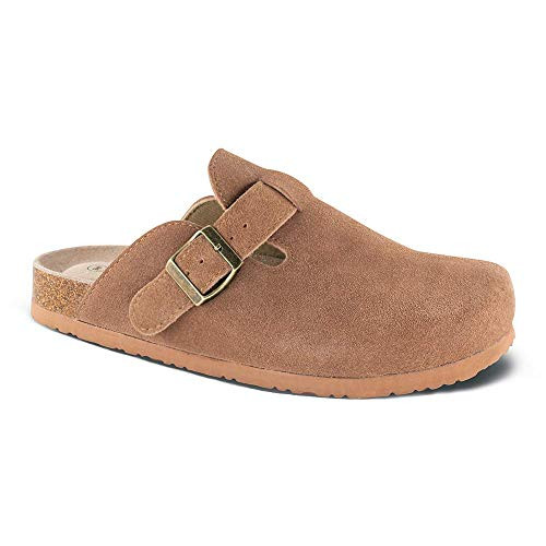 Unisex Boston Soft Footbed Clog?Suede Leather Clogs  Cork Clogs Shoes for Women Men?Antislip Sole Slippers Mules  Tan  10 Women-8 Men