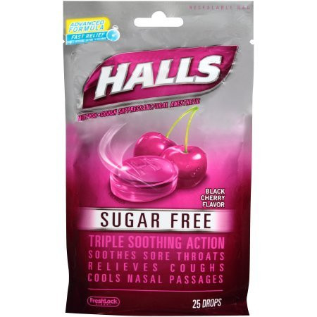 Halls Cos5 Sugar Free Black Cherry Flavor of Triple Soothing Action Fast Relief Cough Suppressant - 3 Bags of 25 Cough Drops -75 Drops Total-