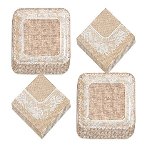 Wedding Party and Bridal Shower Rustic Burlap and Lace Paper Dinner Plates and Luncheon Napkins -Serves 16-