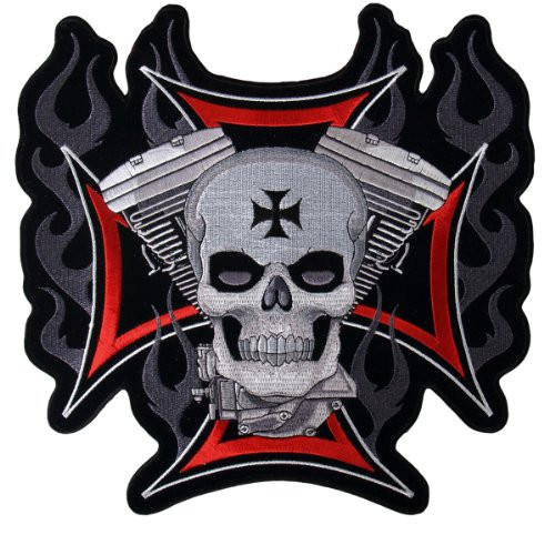 Hot Leathers Cross  Motor And Skull Embroidered Patch -4 Width x 4 Height-