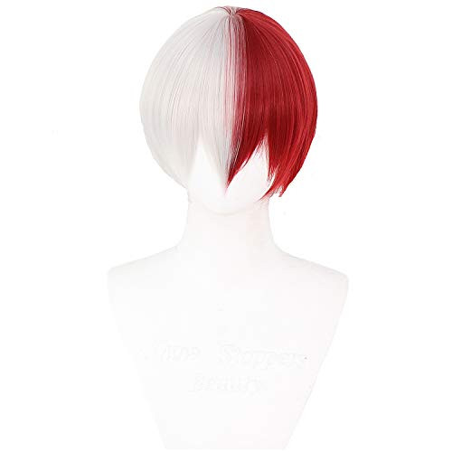 CSGZJYH Anime Cosplay Wig for My Hero Academia Shinsou Hitoshi Synthetic Wig with Free Wig Cap -Half red and half white -short hair--