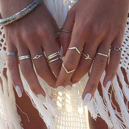 12 Pieces Silver Star Moon Knuckle Rings Boho Ring Set Stackable Midi Finger Rings for Women Teens Girls