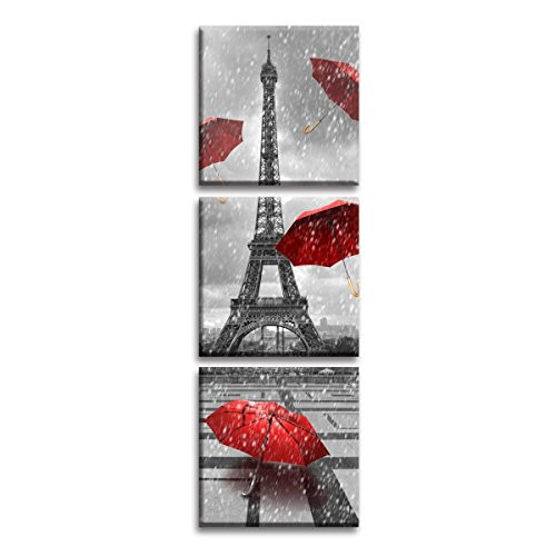 Jingtao Art Black and White Eiffel Tower Painting Red Umbrellas Flying on The Rain Wall Decor on Canvas Print Oil Paintings (2020inch3)