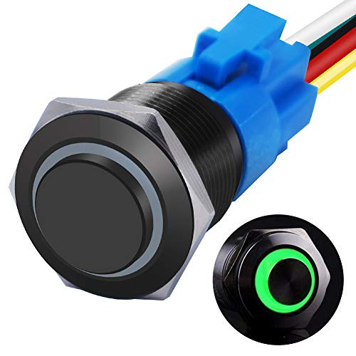 mxuteuk 19mm High Round Cap Momentary Push Button Switch 1 NO 1 NC SPDT ON-Off Black Metal Shell with 12v Green LED Ring with Wire Socket Plug Suitabl