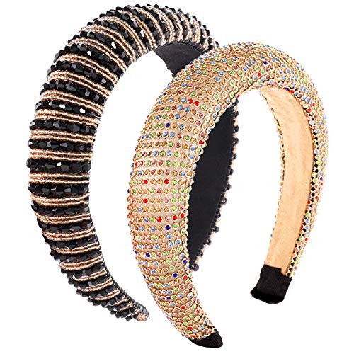 2PCS Rhinestone Padded Headbands for Women Girls Bejewelled Hairbands Delicate Seed Bead Embellished Headbands Wide Velvet Hair Hoop Fashion Hair Acce