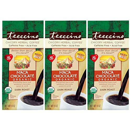 Teeccino Chicory Coffee Alternative  Maca Chocolaté  Ground Herbal Coffee Thats Prebiotic  Caffeine-Free and Acid Free  Dark Roast  11 Ounce -Pack of