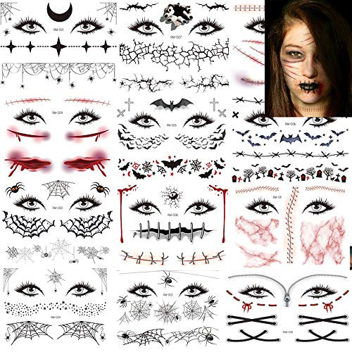 Halloween Temporary Tattoos Day of the Dead Face Tattoos Spider Eye Web Tattoos Sticker 12 Sheets Day of the Dead Makeup Decals for Halloween Party De