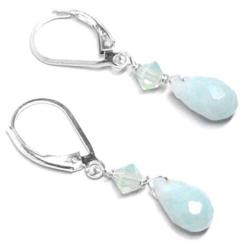 Pale Amazonite 10x6mm Briolette Lever Back Earrings Swarovski Crystal Sterling Silver