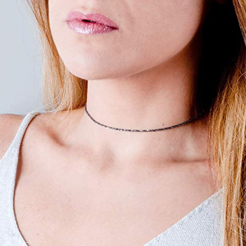 Oxidized Sterling Silver Sparkly Choker Necklace - Designer Handmade Black Collar Chain 13-5 - 3 inches