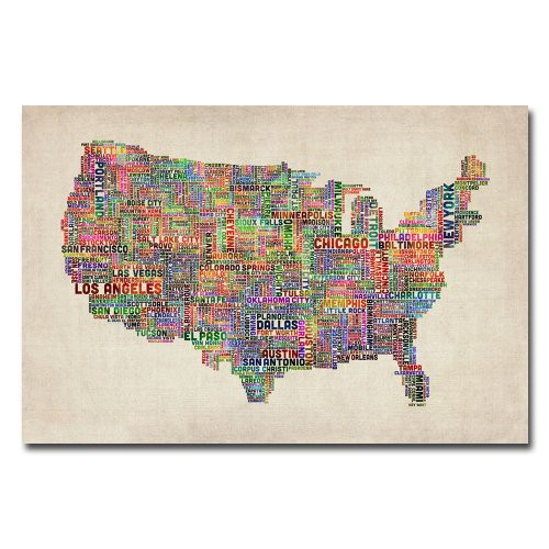 Trademark Fine Art US Cities Text Map VI by Michael Tompsett, 16x24-Inch Canvas Wall Art