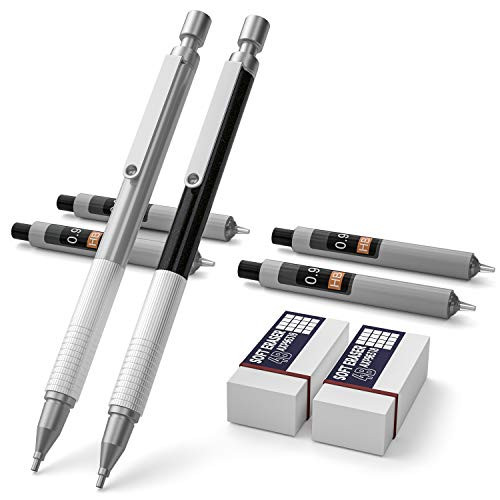 Nicpro 0-9 mm Mechanical Pencils Set  2 PCS Metal Automatic Lead Pencil Graph With 4 Tubes HB Pencil Leads And 2 Erasers For Writing Drafting  Drawing