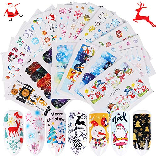 30 Sheets Christmas Nail Stickers Winter Nail Art Supplies Xmas Tree Santa Claus Bell Snowman Reindeer Snowflake Nail Art Decals for Christmas Party F