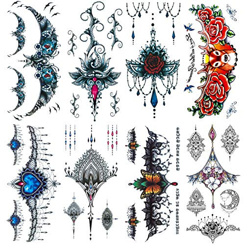 Leoars Small Chest Fake Tattoos  Sexy Colorful Mandala Temporary Tattoo Sticker  Body Waist Breast Chest Henna Tattoo Sticker for Girls  8-Sheet