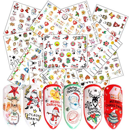 12 Sheets Christmas Nail Stickers Water Transfer Nail Decals Winter Christmas Nail Art Supplies Xmas Snowflake Santa Claus Tree Deer Bell Snowman Desi