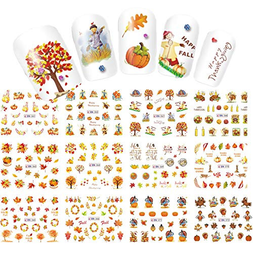 Fall Thanksgiving Nail Art Stickers and Decals Accessories Maple Leaf Pumpkin Turkey Water Transfer Nail Art Stickers for Women Girls Fingernail Toenail