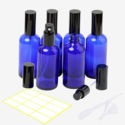 4oz Glass Spray Bottle, Perfume Atomizer - Empty Refillable Blue Mister Spray Bottle with Black Metal Fine Mist Sprayer - 6 Pack