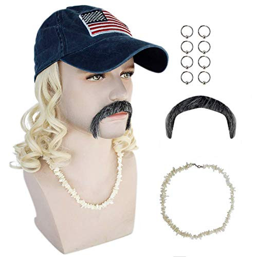 ANOGOL Wig Cap-Blonde Hat Wig-- 8 Earrings-Mustache-Necklace- Long Curly Cosplay Wig Synthetic Wigs for Halloween costume