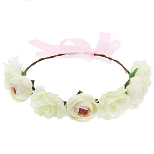 Barode Bloomy Wedding Headband Rose Flower Hair Wreath Boho Beach Floral Garland Crown -Ivory-