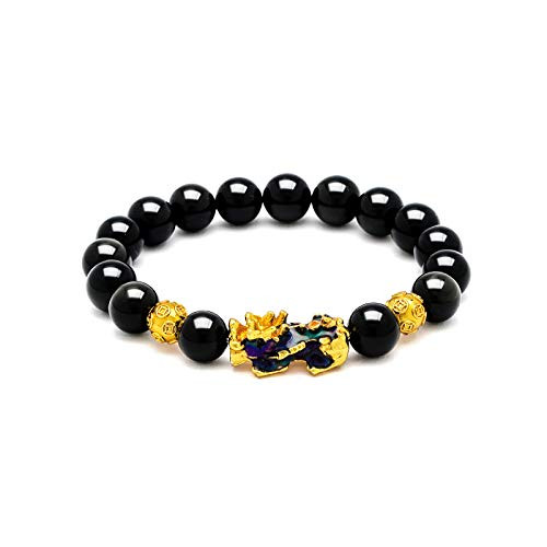 Feng Shui Black Obsidian Wealth Bracelet 10mm Obsidian Bead Adjustable Elastic Bracelet With discolor PiXiu and Golden Bead Attract Wealth Money and G Feng Shui Black Obsidian Wealth Bracelet 10mm Obsidian Bead Adjustable Elastic Bracelet With discolor PiXiu and Golden Bead Attract Wealth Money and G