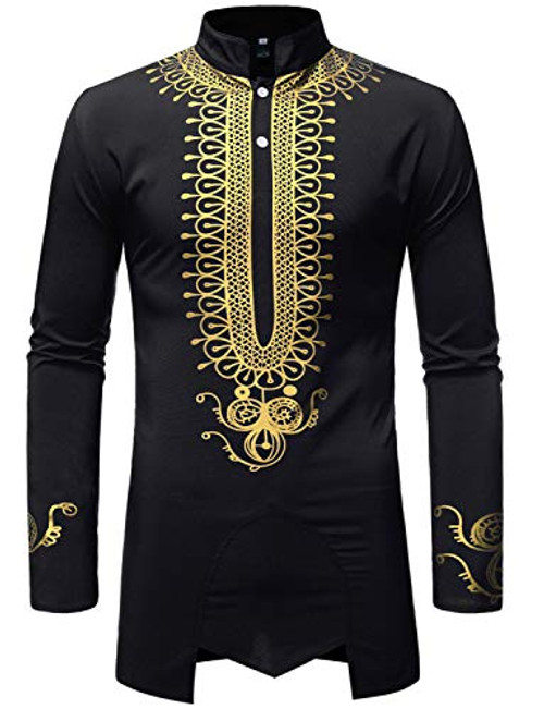 LucMatton Mens Traditional African Luxury Metallic Gold Printed Dashiki Shirt Black Large LucMatton Mens Traditional African Luxury Metallic Gold Printed Dashiki Shirt Black Large