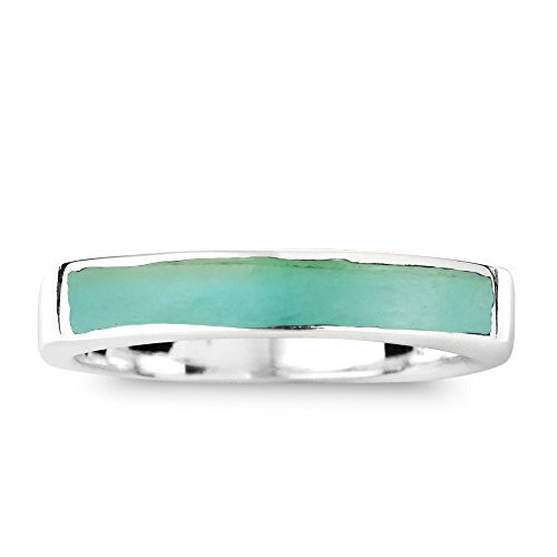 AeraVida Rectangular Bar Reconstructed Green Turquoise Stone Inlay Sterling Silver Ring -9-