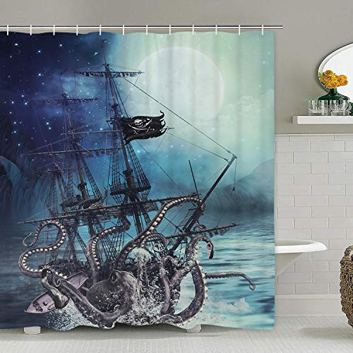 Octopus Shower Curtain Ocean Kraken Attack Nautical Pirate Ship Shower Curtain with 12 Hooks Octopus Tentacles Sailboat Wave Mountain Under Moon Star Octopus Shower Curtain Ocean Kraken Attack Nautical Pirate Ship Shower Curtain with 12 Hooks Octopus Tentacles Sailboat Wave Mountain Under Moon Star