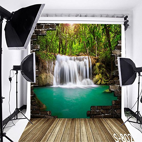 Laeacco 3x5ft Waterfall Backdrop Rustic Wooden Floor Vinyl Photography Background Grunge 3D Brick Wall Nature Scenery Waterfall Landscape Children Kid