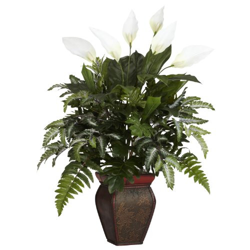 Nearly Natural 6677 Mixed Greens with Spathiphyllum and Vase Decorative Silk Plant, Green