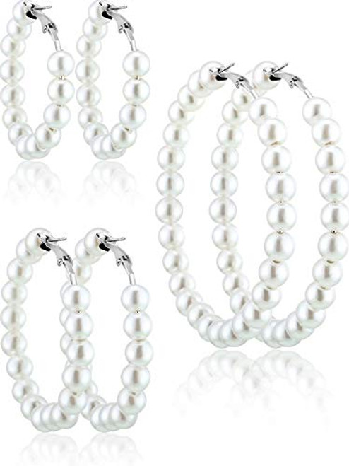 3 Pairs Pearl Hoop Earrings Pearl Earrings for Women Girl Brides Gift -Silver Earring Needle-