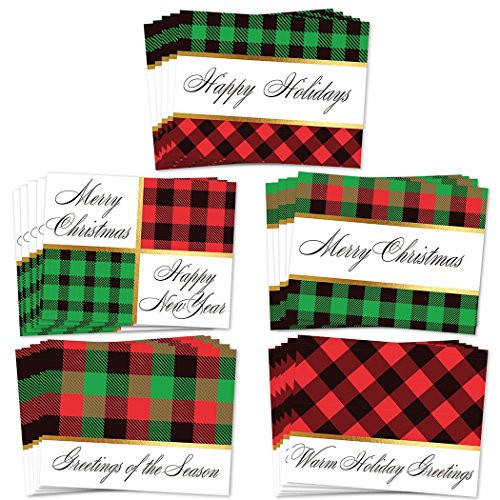 25 Count Christmas Greeting Cards  Pack of 5 Assorted Traditional Plaid Holiday Designs  Seasons Greetings Notecards with Envelopes  25 Mixed Assortm