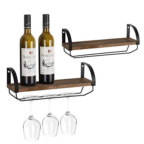 NEX Wood Wall Mounted Wine Rack with Stem Glass Holder  Rustic Wine Bottle Shelf Storage Set of 2  Home and Kitchen Display Decor