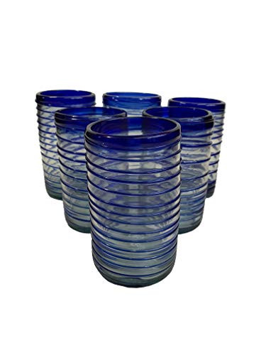 Mexican Hand Blown Cobalt Blue Spiral Glasses  14 oz- -Set of 6-
