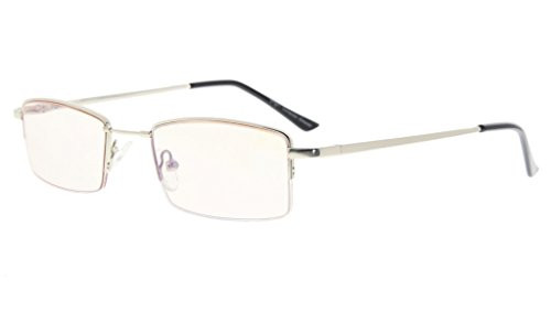 Eyekepper Half-Rim Memory Titanium Bridge Reading Glasses for Video Games Blue Light Blocking Readers Amber Tinted Lenses -Silver -2-00-