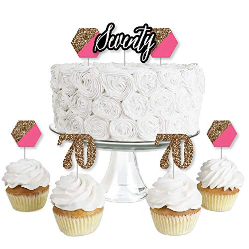 Chic 70th Birthday - Pink, Black and Gold - Dessert Cupcake Toppers - Birthday Party Clear Treat Picks - Set of 24