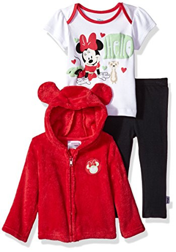 Disney Baby Girls Minnie Mouse 3 Piece Bodysuit OR T-Shirt  Hoodie  Pant Set  Barberry  0-3 Months