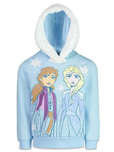 Disney Frozen Elsa Anna Little Girls Fleece Pullover Hoodie Fur Hood Hem Blue 7