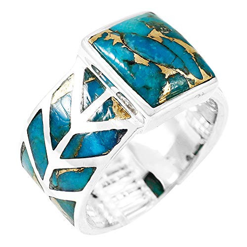 Turquoise Ring Sterling Silver 925 Genuine Gemstones Size 6 to 11 -Teal-Matrix Turquoise- -6-