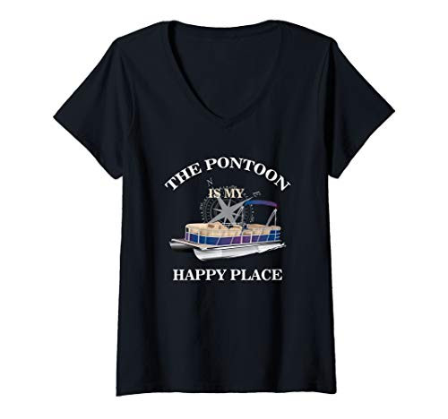 Womens Lake Pontoon Boat - The Pontoon Is My Happy Place V-Neck T-Shirt