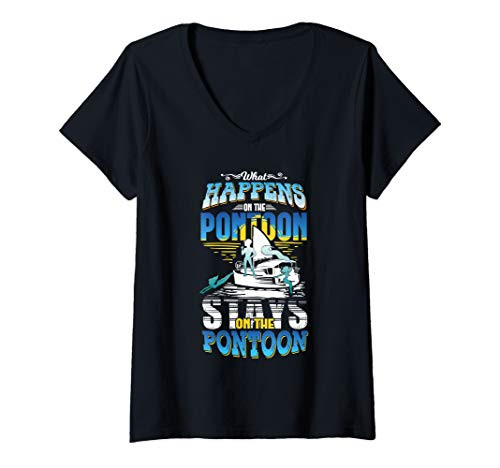 Womens Funny Boat Quote Gift - What Happens On The Pontoon V-Neck T-Shirt