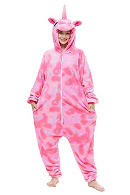 AYHome Adult Animal Onesie Unicorn Costume Halloween Cosplay Onepiece Pajamas Pink Star M