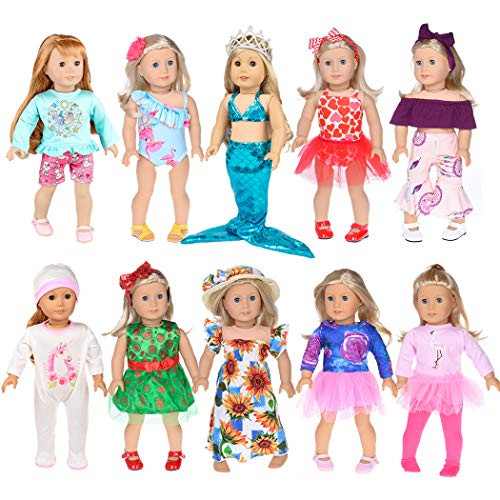 iBayda 10 Lot Doll Clothes Include Dress  Outfits  Rompers  Straw Hat  Bikini and Headband for 18 inch American Girl Doll