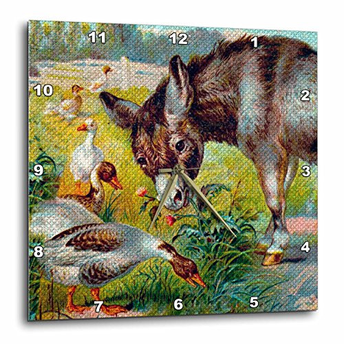 3dRose DPP-12391-1 Wall Clock  Donkey and Geese Vintage Digital Art  10 by 10-Inch