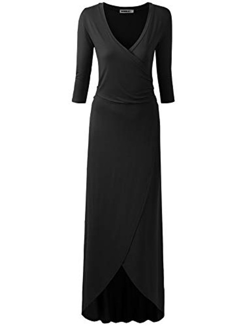 Doublju Womens Long Sleeve Deep V-Neck Top Bodycon Surplice Dress Black XL