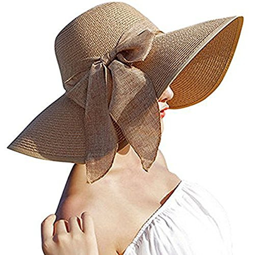 Womens Big Bowknot Straw Hat Floppy Foldable Roll up Beach Cap Sun Hat UPF 50-