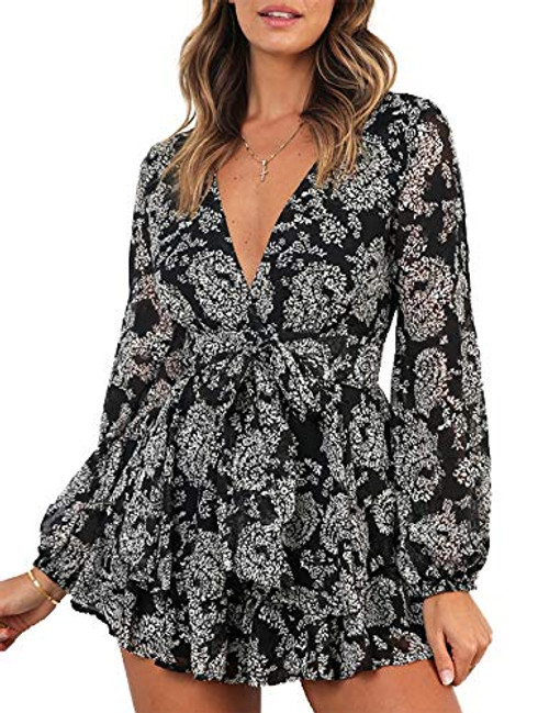 Relipop Womens Dresses Jumpsuit Floral Print V Neck Baggy Sleeve Waist Tie Double Layer Ruffle Hem Short Mini Dress Romper Black