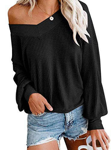 Womens V Neck Long Sleeve Off Shoulder Top Waffle Knit Oversized Pullover Sweater Casual Shirt Tunic Black X-Large
