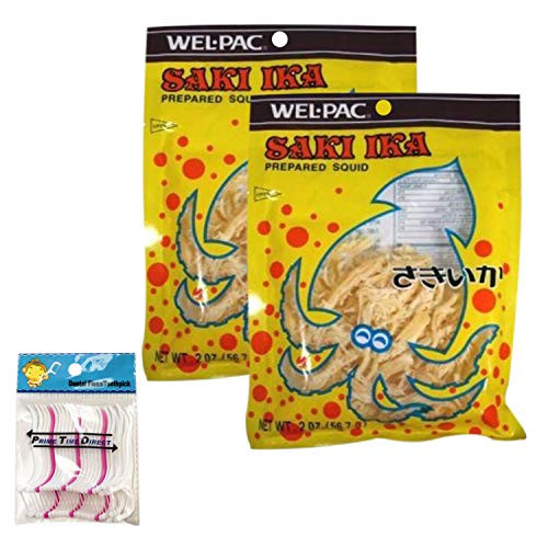 Wel-Pac - Saki Ika Regular -dried squid- 2-0 Oz -2 pack- with PrimeTime Direct 20ct Dental Flossers in a PTD Sealed Bag