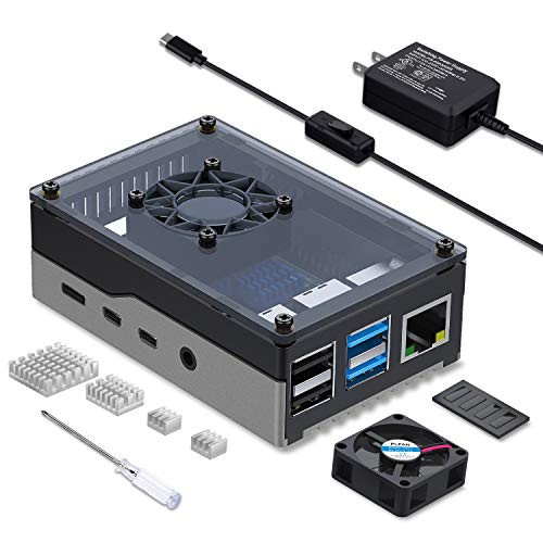 Smraza Case for Raspberry Pi 4  Raspberry Pi 4 Case  Raspi 4B case with Cooling Fan 35mm  4 PCS Heatsinks  5V 3A USB-C Power Supply for RPI 4 Model B