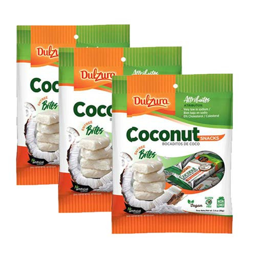 Dulzura Borincana Vegan Coconut Bites Snack Bars -3 Pack- 3-4oz Each Bag - Non GMO Gluten Free